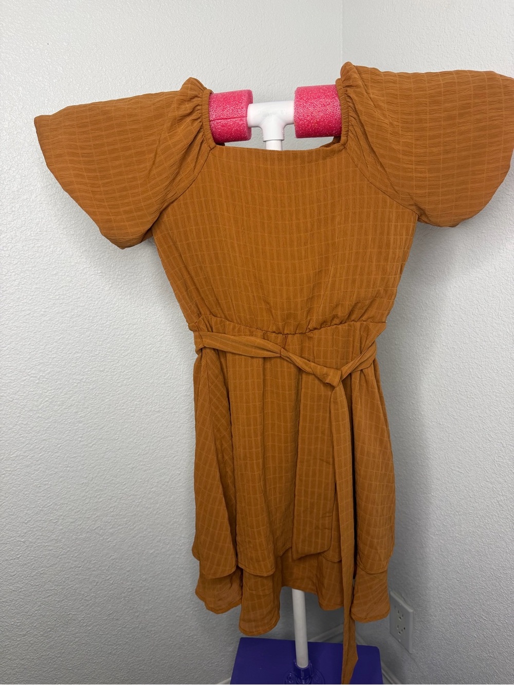 Speechless Rust Puff-Sleeve Dress with Waist Tie